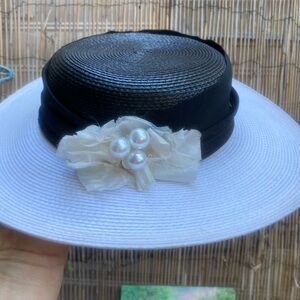 Black and White Straw Cocktail Hat with Cream Floral Pearl